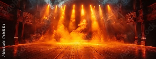 Theater stage light background with spotlight illuminated the stage for opera performance. Empty stage with warm ambiance colors, fog, smoke, backdrop decoration. Entertainment show