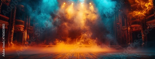 Theater stage light background with spotlight illuminated the stage for opera performance. Empty stage with warm ambiance colors, fog, smoke, backdrop decoration. Entertainment show