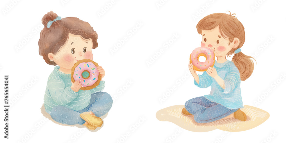 cute kid eating donut watercolour vector illustration 