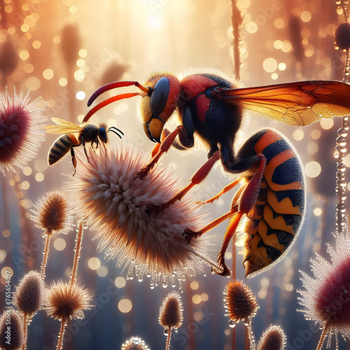 Pszczoła i Szerszeń Skąpani w Letniej Porannej Rosie © Wojciech Lisiński