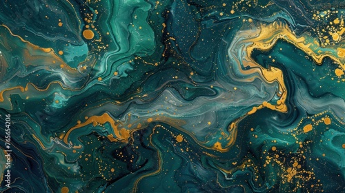 Abstract background made using liquid acrylic technique: aquamarine, gold and green colors mix to create ocean waves with a sense of movement and depth