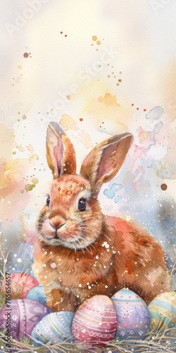 Watercolor painting of an rabbit sitting in the grass and Easter eggs