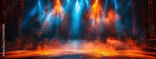 Theater stage light background with spotlight illuminated the stage for opera performance. Empty stage with warm ambiance colors  fog  smoke  backdrop decoration. Entertainment show