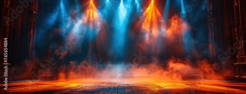 Theater stage light background with spotlight illuminated the stage for opera performance. Empty stage with warm ambiance colors, fog, smoke, backdrop decoration. Entertainment show