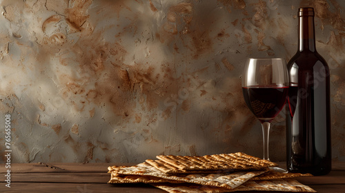 Jewish Metzah bread with wine, rustic background, copy space, Passover holiday concept