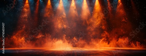 Theater stage light background with spotlight illuminated the stage for opera performance. Empty stage with warm ambiance colors, fog, smoke, backdrop decoration. Entertainment show © Jennifer