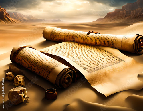 The Dead Sea Scrolls depiction, still life. Edited AI generated image 