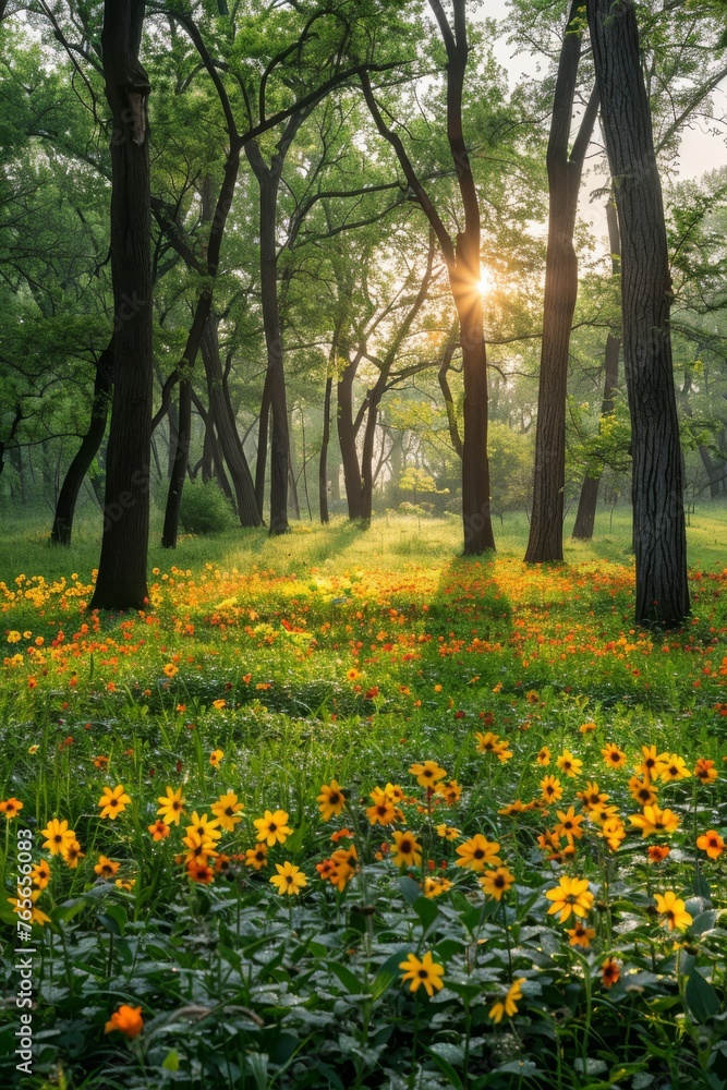 Obraz premium A forest with a field of yellow flowers in the foreground