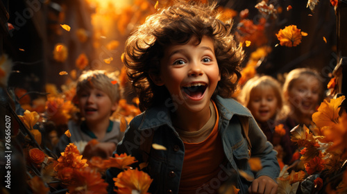 happy friends, schoolchildren having fun in autumn park among fallen leaves