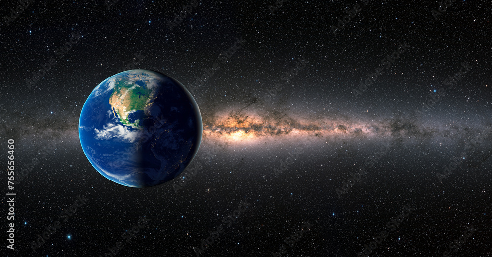 Obraz premium Day and night on Planet Earth milky way galaxy in the background. Elements of this image furnished by NASA