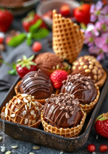 A tray of ice cream treats with chocolate sauce and strawberries