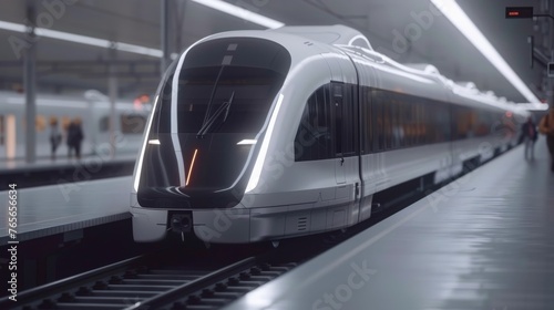 A futuristic train is sitting on the tracks at a train station