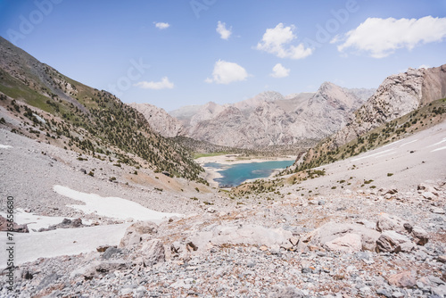 View of Lake Kulikalon and the Kulikalon Basin from a mountainside in the Fan Mountains in Tajikistan, atmosphere in the Tien Shan highlands photo