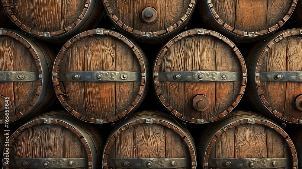 A close-up image of a stack of wooden barrels. The barrels are made of dark wood and have metal bands around them.