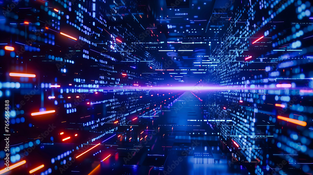 Neon Light Tunnel in Futuristic Technology Space, Vibrant Blue and Pink Design for Modern Data and Communication Neon Light Tunnel in Futuristic Technology Space, Vibrant Blue and Pink Design for Modern Data and Communication