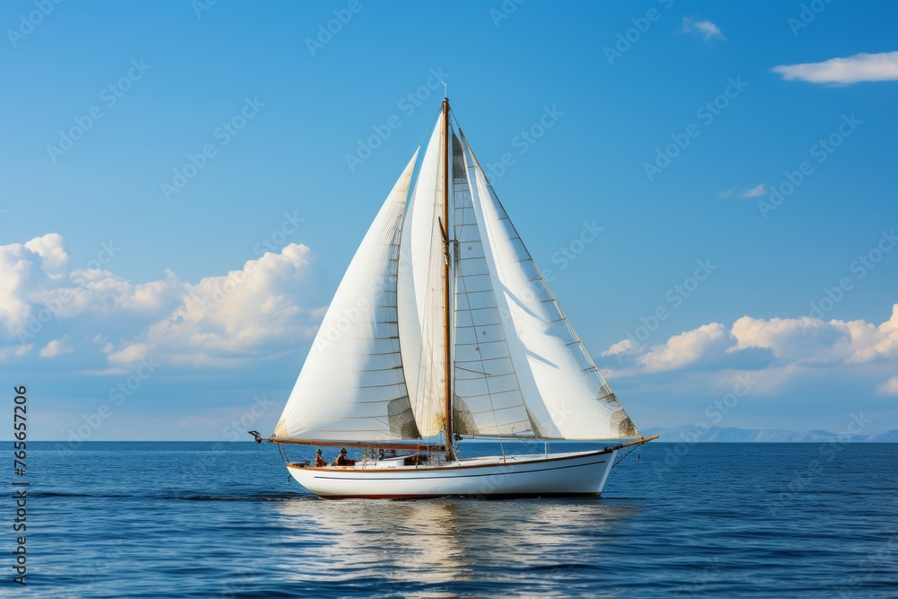 A white yacht gracefully sails across the glistening sea on a bright, cloudless day