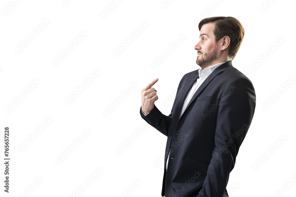 A businessman pointing to the side, in a suit and shirt, on a white background, representing a concept of presentation or direction A businessman pointing to the side, in a suit and shirt, on a white background, representing a concept of presentation or direction