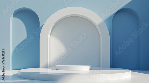 This is a 3D rendering of a simple and elegant podium. The podium is made of white marble and is placed in a blue room with two arched openings.