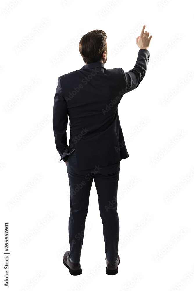 A man in a business suit is making a touch gesture with his hand on an invisible screen, isolated on a white background, concept of virtual interaction A man in a business suit is making a touch gesture with his hand on an invisible screen, isolated on a white background, concept of virtual interaction