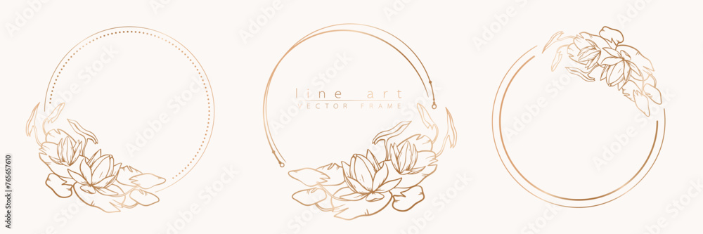 Botanical golden circle frame set. Hand drawn round line wreath, leaves and flowers for wedding invitation and cards, logo design, social media and posters template. Elegant minimal floral vector.