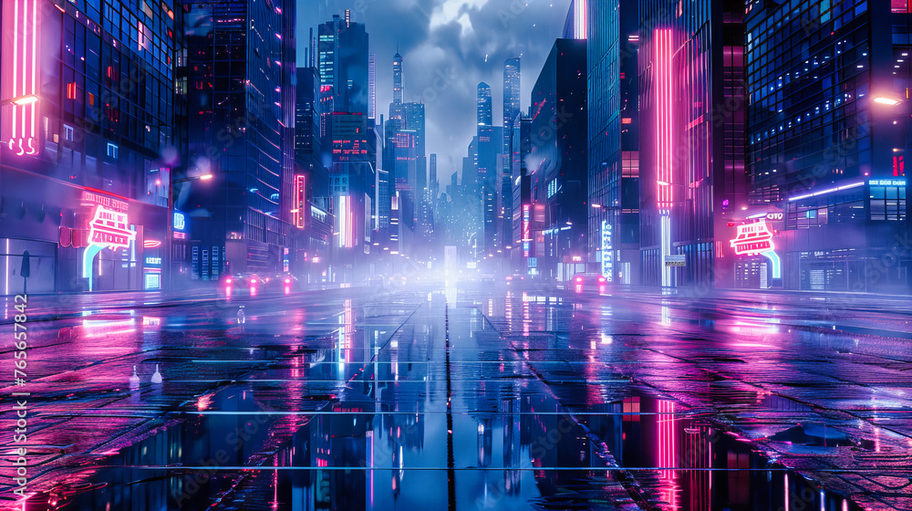 Fototapeta premium Neon-lit urban street at night, capturing the vibrant energy, technology, and architecture of modern city life in a dynamic environment