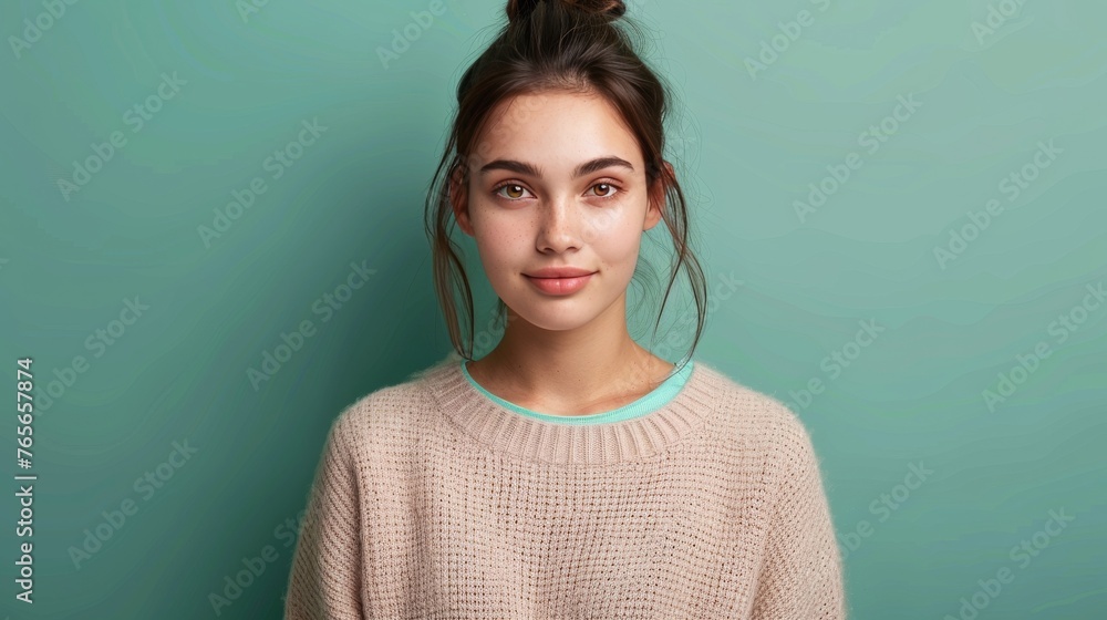 Fototapeta premium Woman With Ponytail Standing in Front of Green Wall