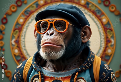 portrait of a chimp , chimpanzee in sunglasses, funny monkey with glasses, monkey wearing a sweatshirt