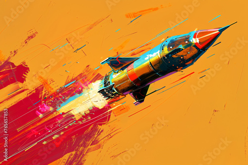Colorful rocket in dynamic flight on orange background