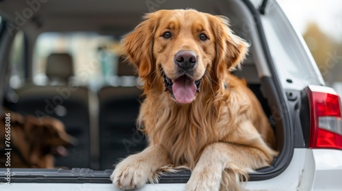 Friendly retriever enjoys the ride in a white car's trunk. ai generated