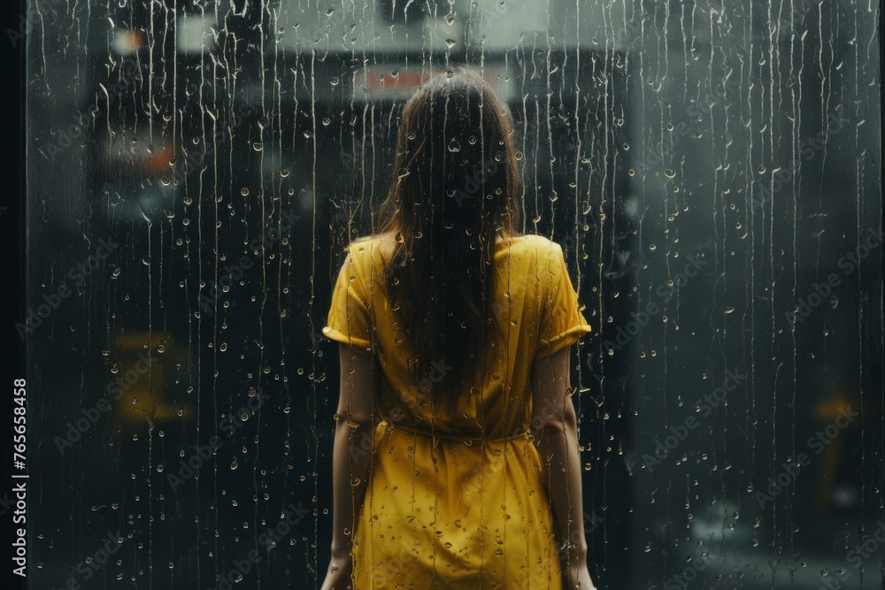 obscured identities in an urban rain  capture the reflections of people walking in a rainy city, their faces hidden by raindrops on glass surfaces, expressing the anonymity of city life in the rain.