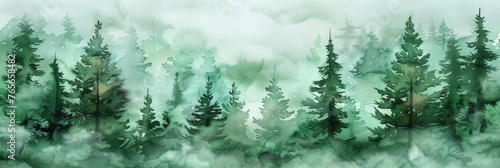 watercolor misty forest with fog in the mountains, Misty landscape with fir forest in hipster vintage retro style. dark green Misty landscape with fir forest banner 