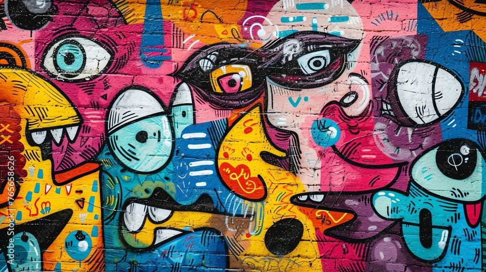 A colorful mural of cartoon characters and faces.