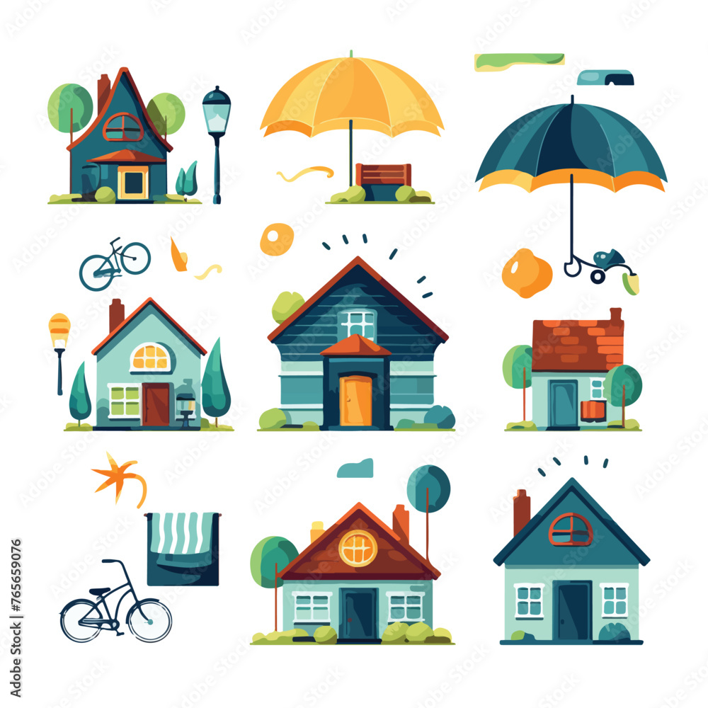 home insurance with properties icons flat vector il