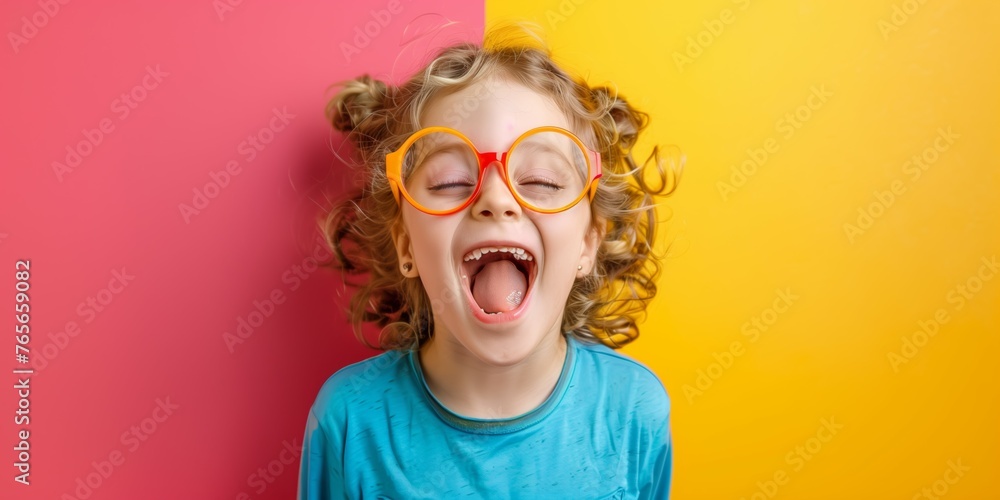 Happy child laughing with glasses and open mouth Happy child laughing with glasses and open mouth