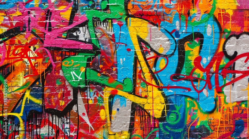 A colorful graffiti painting on a brick wall. The graffiti is made up of various colors and shapes, and it has a vibrant and energetic feel.