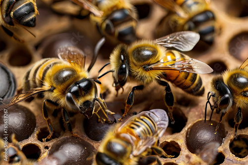 The queen bee marked with a dot surrounded by her worker bees, depicting the bustling life within a bee colony. © Amila Vector