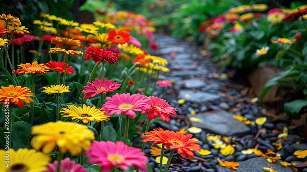 An enchanting garden pathway lined with vibrant gerbera daisies.
