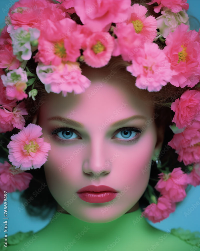 Pink blossoms frame a forest fairy portrait with striking gaze Pink blossoms frame a forest fairy portrait with striking gaze
