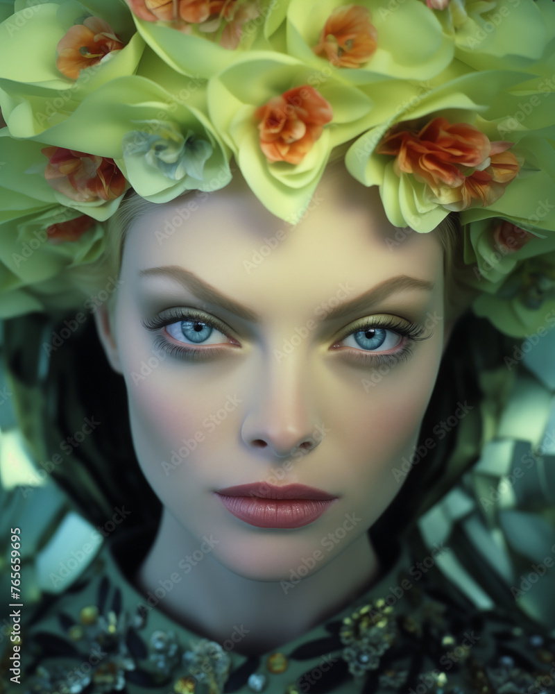 Close-up forest fairy portrait with a woman crowned in a vibrant floral headdress