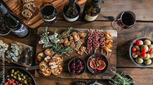 Table top view with various foods and drinks, including wine, cheese and fruit