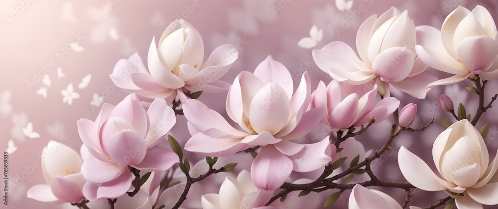 A dreamy banner background with magnolia blossoms in tones of ivory and blush pink