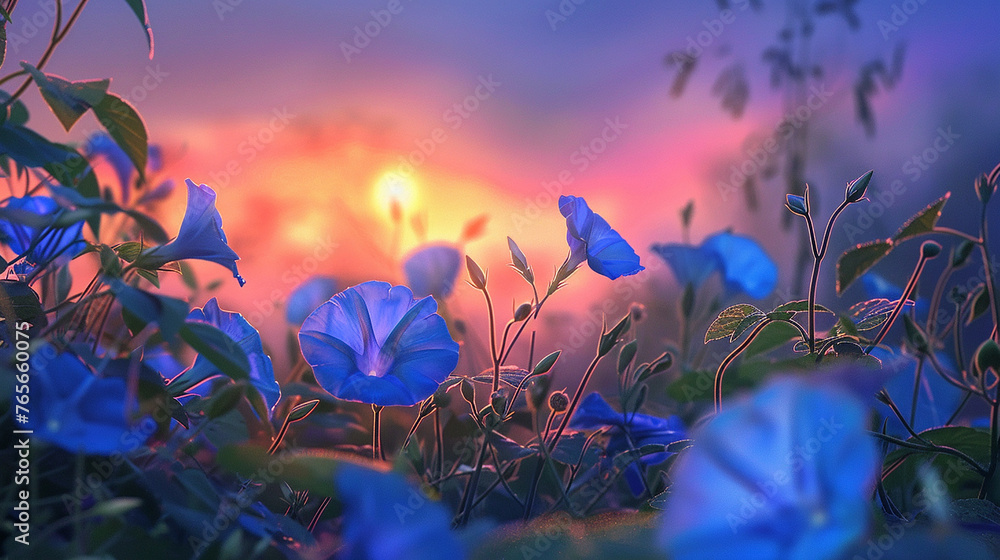 Morning glories unfurling their tendrils to greet the dawn's first light. - obrazy, fototapety, plakaty 
