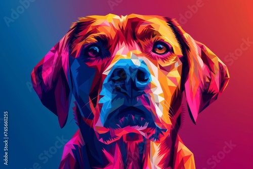 Digital artwork of a dog's portrait featuring a striking low-poly design against a gradient red and blue background.