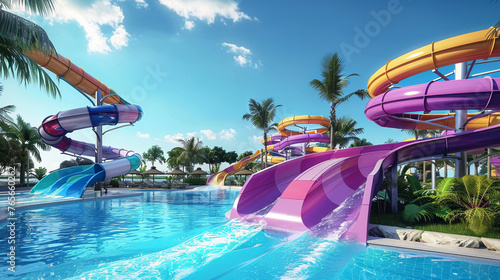 An exhilarating view of vibrant water slides twisting into a sparkling pool in a bustling aqua park capturing the essence of vacation fun