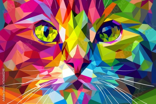Close-up digital artwork of a cat, intensely detailed with geometric shapes and a myriad of colors, ideal for vibrant decor.
