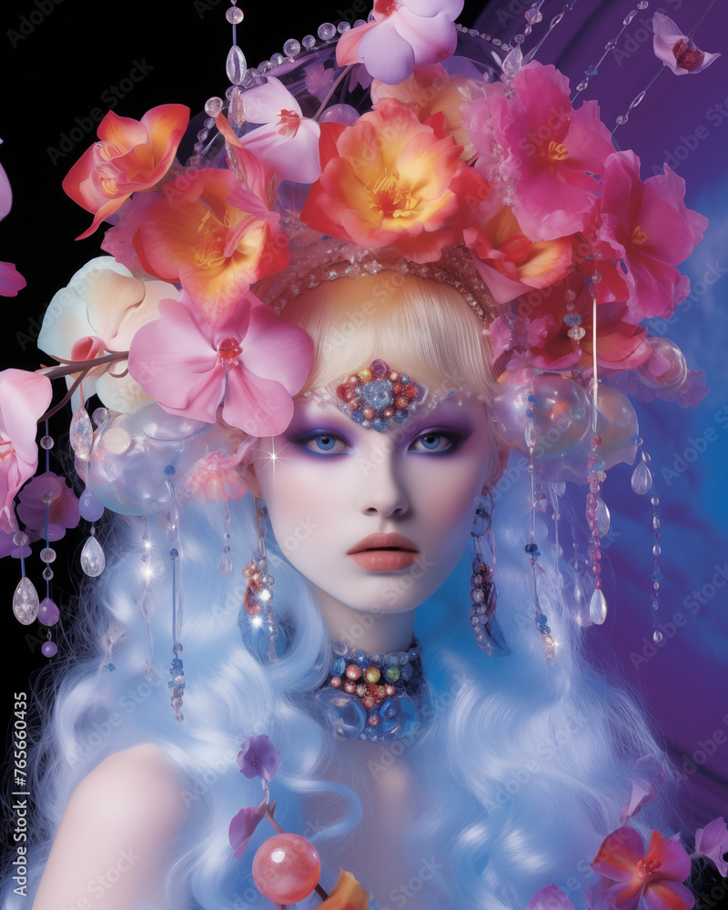 Mystical forest fairy portrait with pastel blooms and sparkling jewels in azure tones