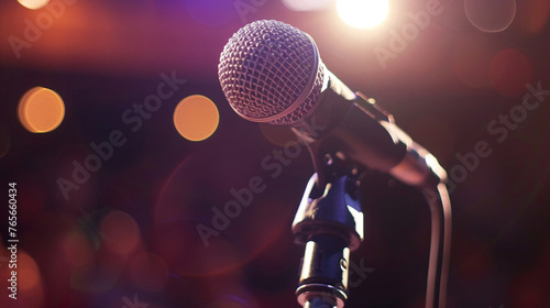 A microphone stands poised on a podium ready for speakers at a healthcare financing forum with a softly blurred audience in the backdrop