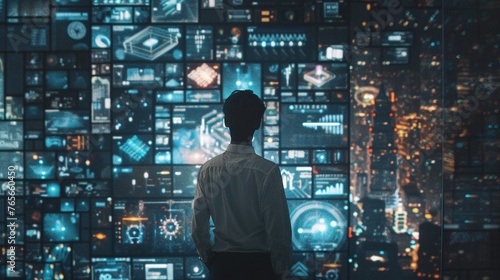 A professional in deep concentration surrounded by a myriad of screens displaying an avalanche of data visualizations and social notifications