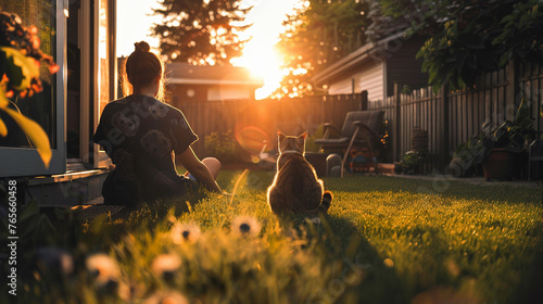 A serene backyard with a person and their cat enjoying the sunset reflecting the peaceful companionship between humans and pets #765660458