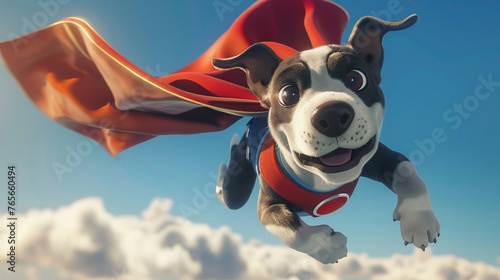 An animated goofy dog dressed in a superhero costume flying across a clear horizontal sky background ideal for captions photo